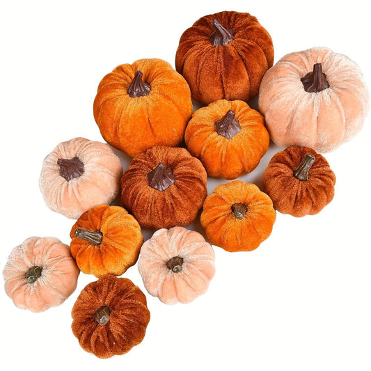 Autumn Pumpkin Decoration Set – 12 Velvet Finish Artificial Pumpkins