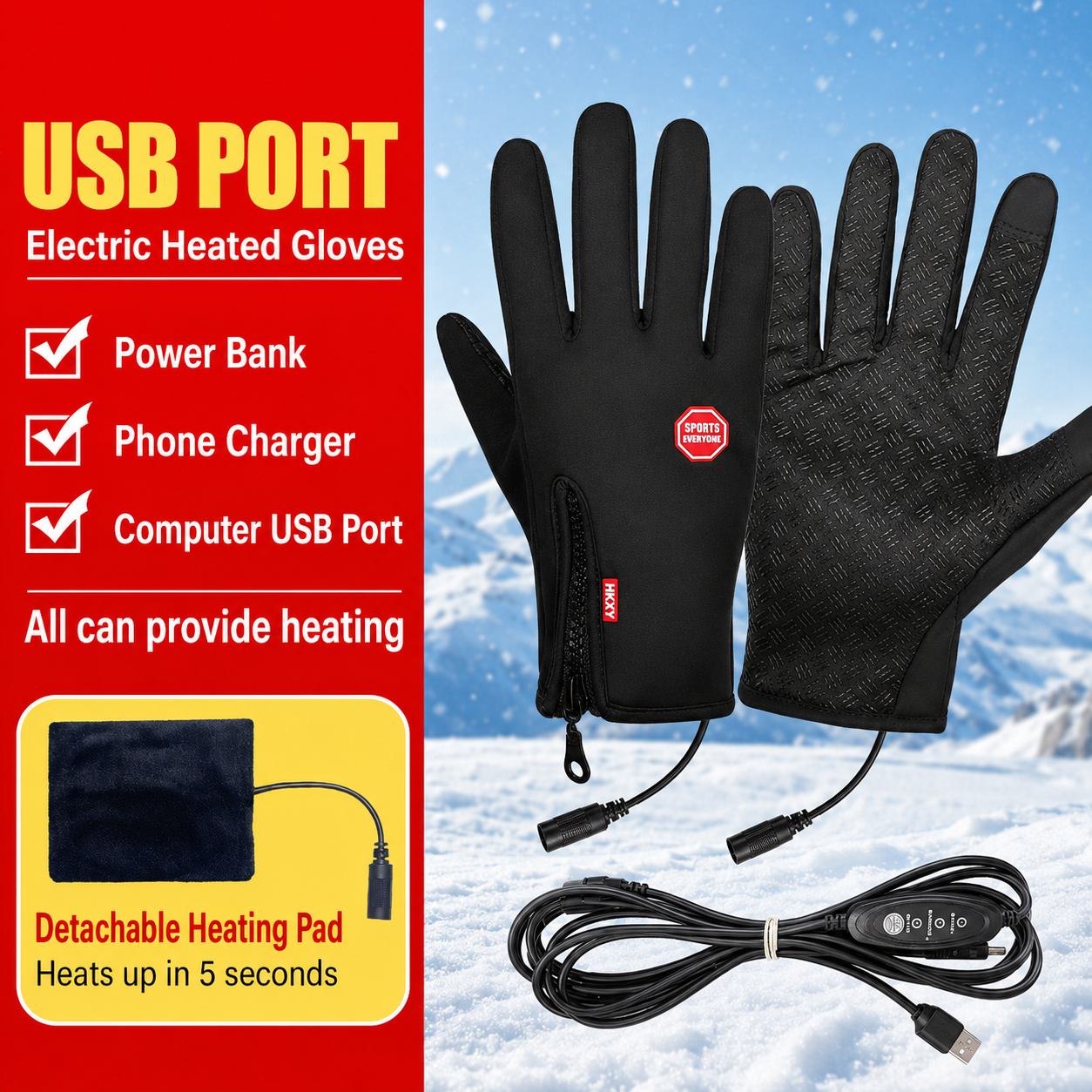 Adjustable Temperature Heated Gloves for Winter with USB Connection