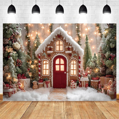 Christmas Photo Background - Snowy Landscape & Gingerbread House - Family & Kids Photo Shoot Decor - Polyester/Vinyl - 300×200 cm