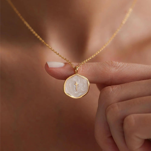 Elegant Gold Necklace with Cross Pendant and Pearl Finish