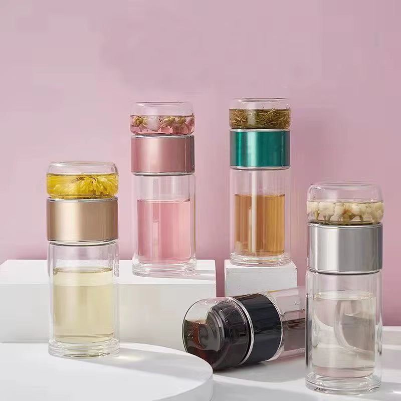 Double-Walled Borosilicate Glass Tea Infuser Tumbler with Stainless Steel Filter – 14oz Leakproof Travel Bottle with Sleeve for Hot and Cold Beverages