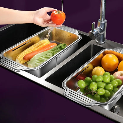 Adjustable Stainless Steel Telescopic Strainer for Sink & Fruit - Draining Functions