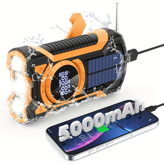 Emergency Radio with Solar & Hand Crank | 5000mAh Power Bank | LED Light & SOS Alert