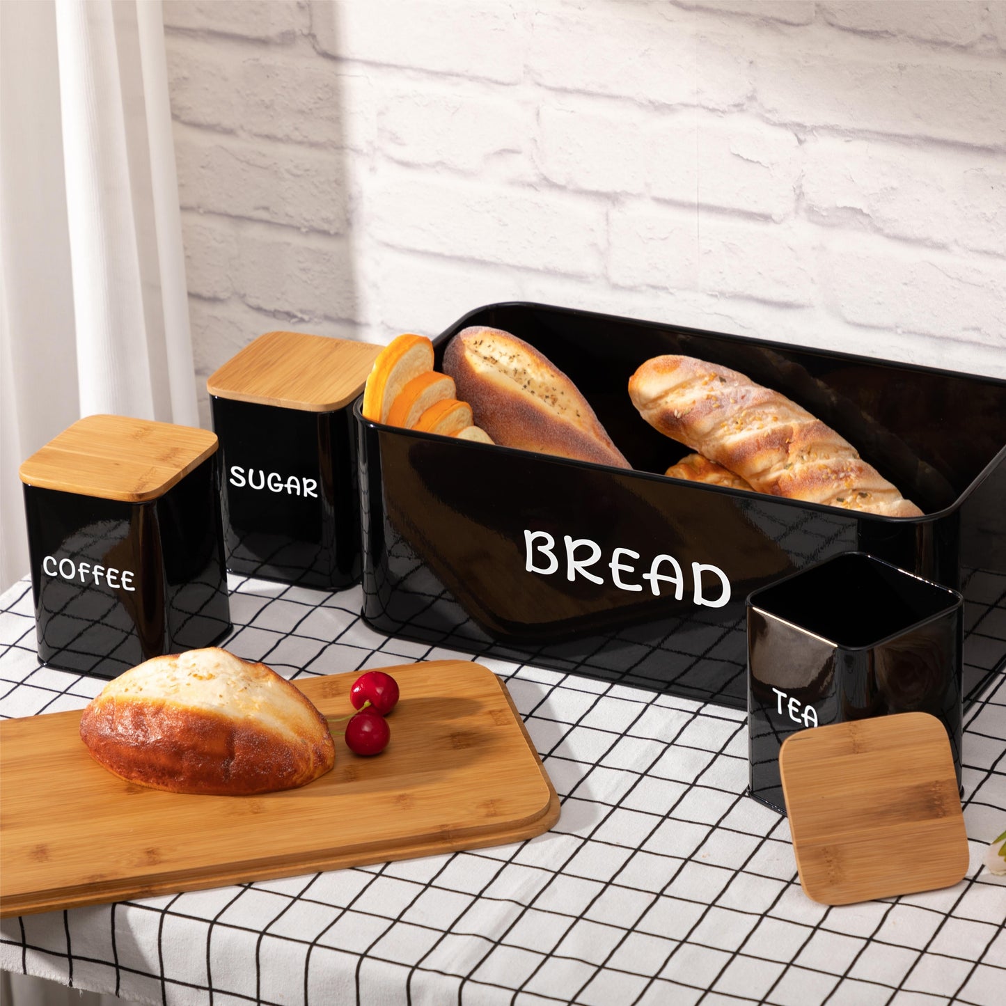 Bamboo Lid Kitchen Storage Set with Canisters for Tea, Coffee, and Sugar