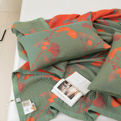 Reversible Cotton Blanket with Orange Ginkgo Leaf Design