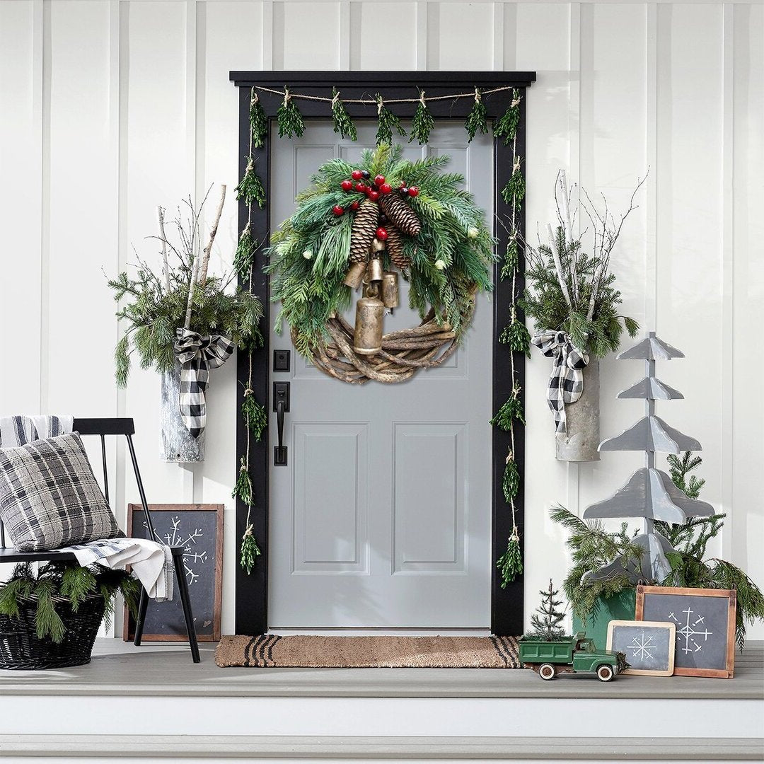 Handcrafted Bohemian Door Wreath with Bells and Pinecones for Winter