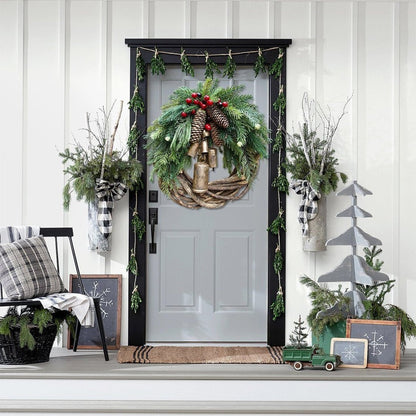 Handcrafted Bohemian Door Wreath with Bells and Pinecones for Winter