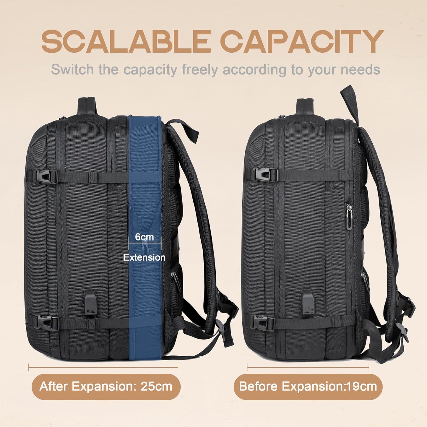Expandable 40L Waterproof Travel Backpack with USB Port & 17" Laptop Compartment
