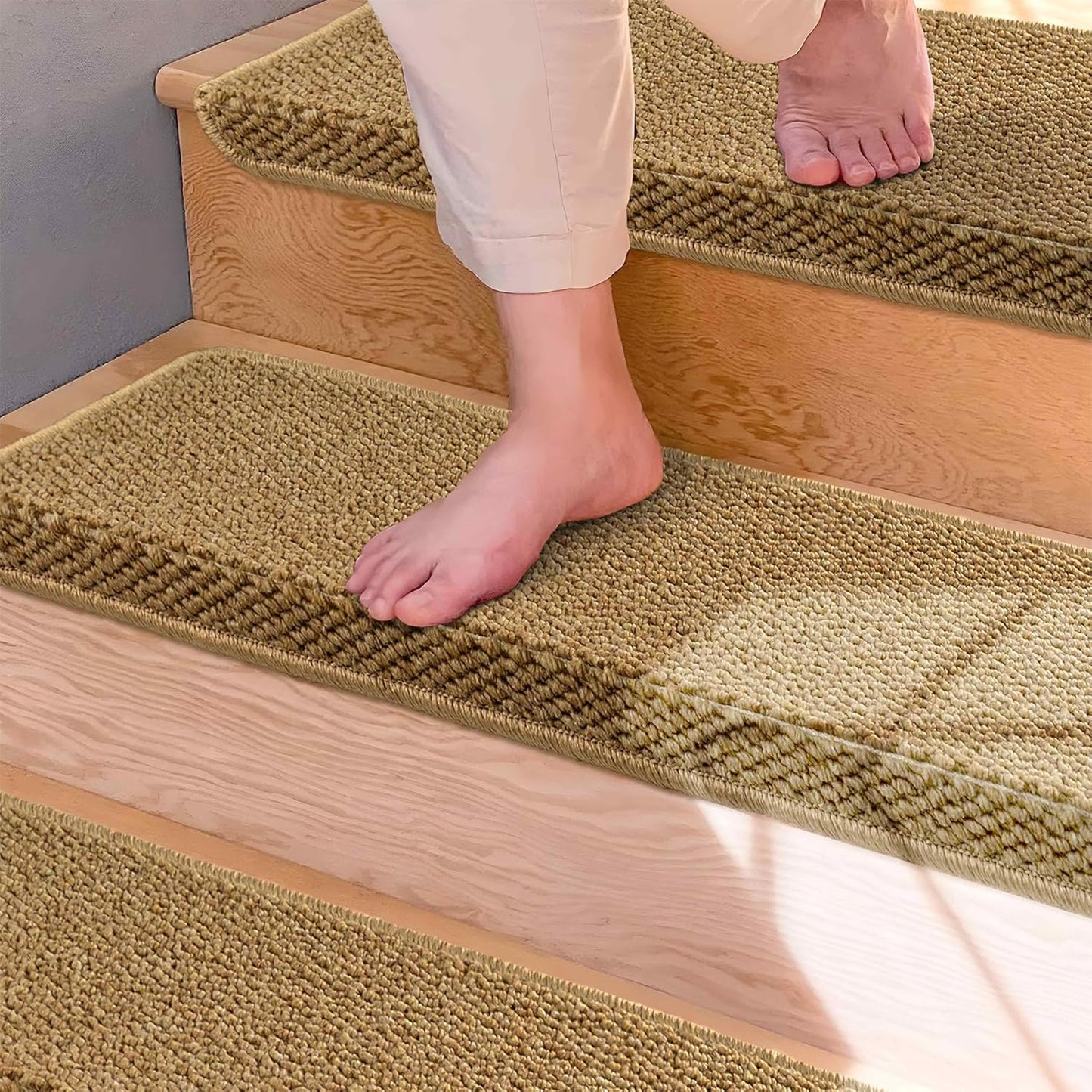 Non-Slip Carpet Stair Treads with Bullnose and Edge Protection – 14 Pack, Beige