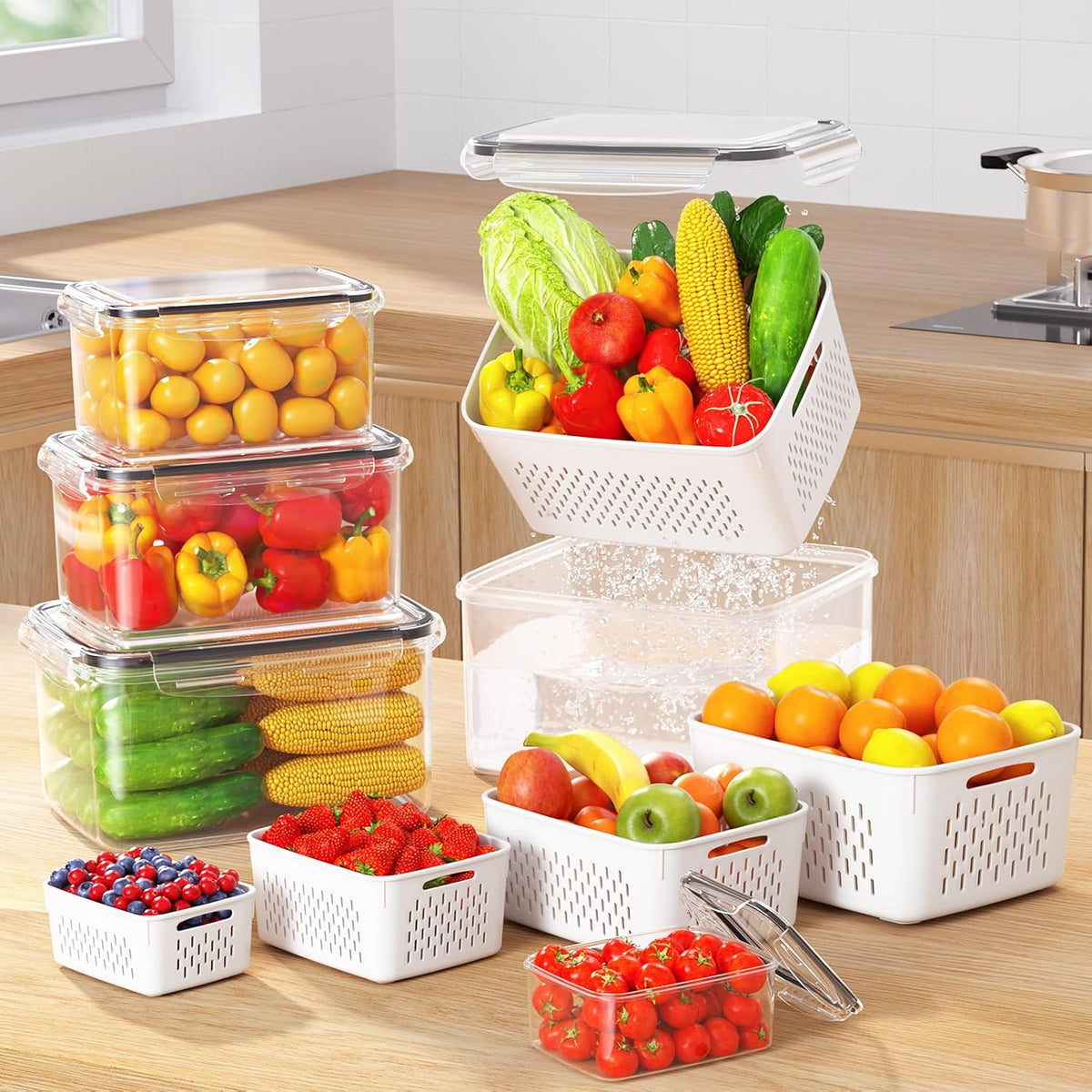 Drain Basket for Fresh Fruits and Vegetables - Refrigerator Storage Organizer