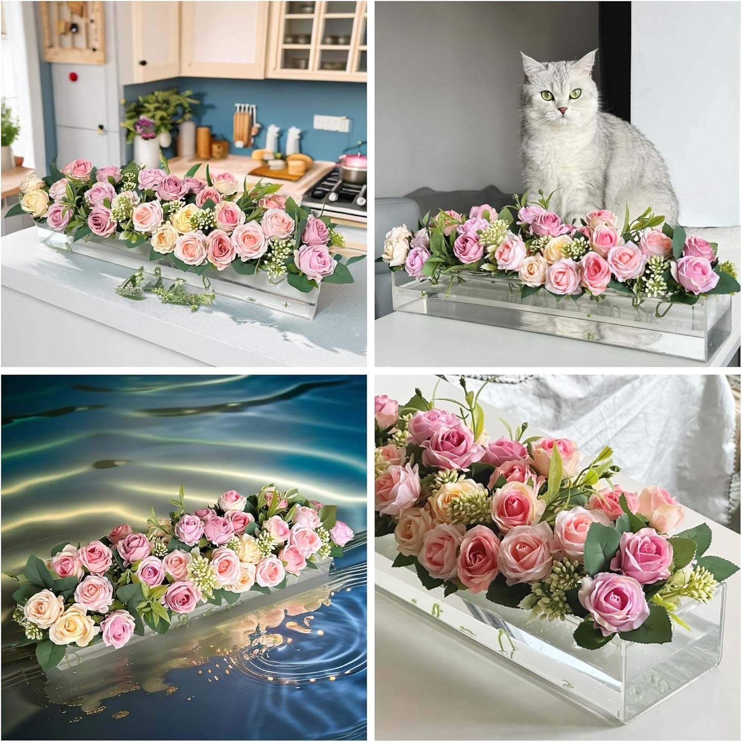 Floating Floral Display with Stem Holder | Clear Acrylic Vase for 12, 16, or 22 Stems | Optional LED Lighting