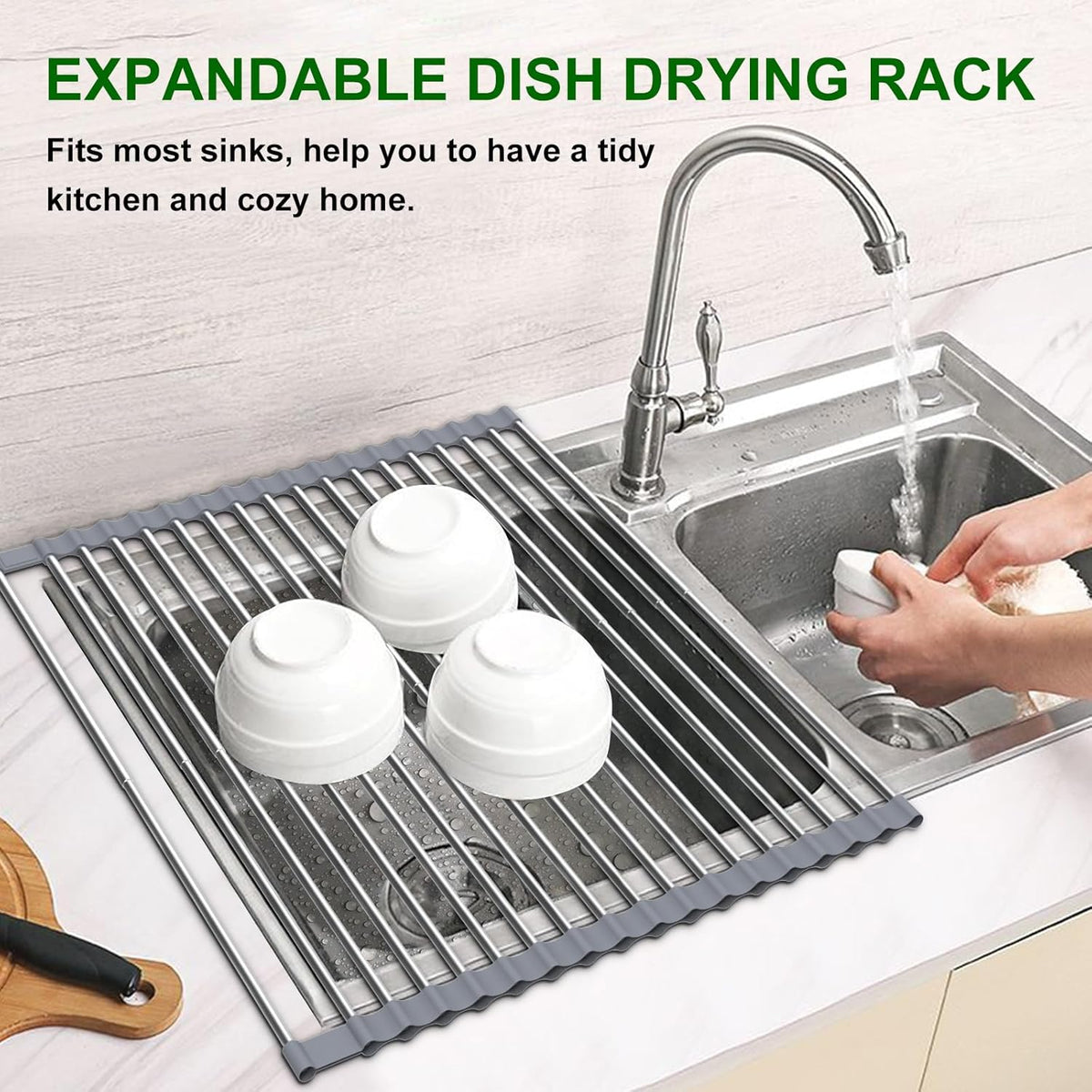Heat-Resistant Roll-Up Dish Drying Mat with Folding Stainless Steel Rack