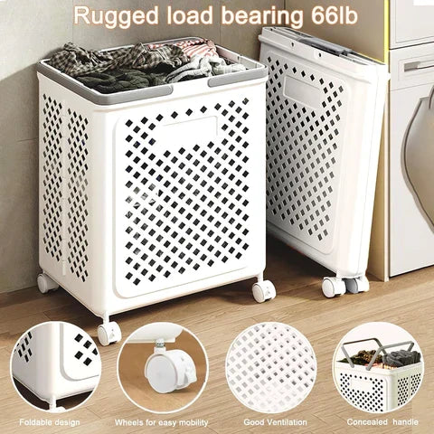 Compact Laundry Cart on Wheels | Space-Saving Hamper with Handles