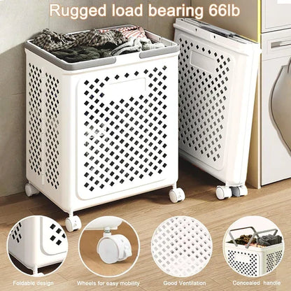 Compact Laundry Cart on Wheels | Space-Saving Hamper with Handles