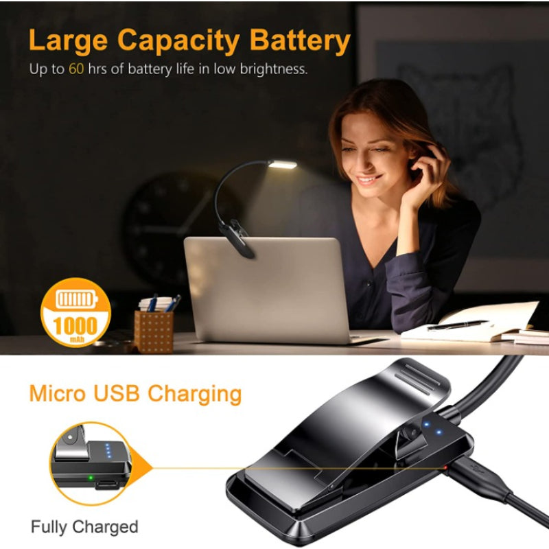 9 LED USB Rechargeable Clip-On Reading Light - Eye-Friendly, Dimmable