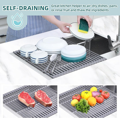 Heat-Resistant Roll-Up Dish Drying Mat with Folding Stainless Steel Rack