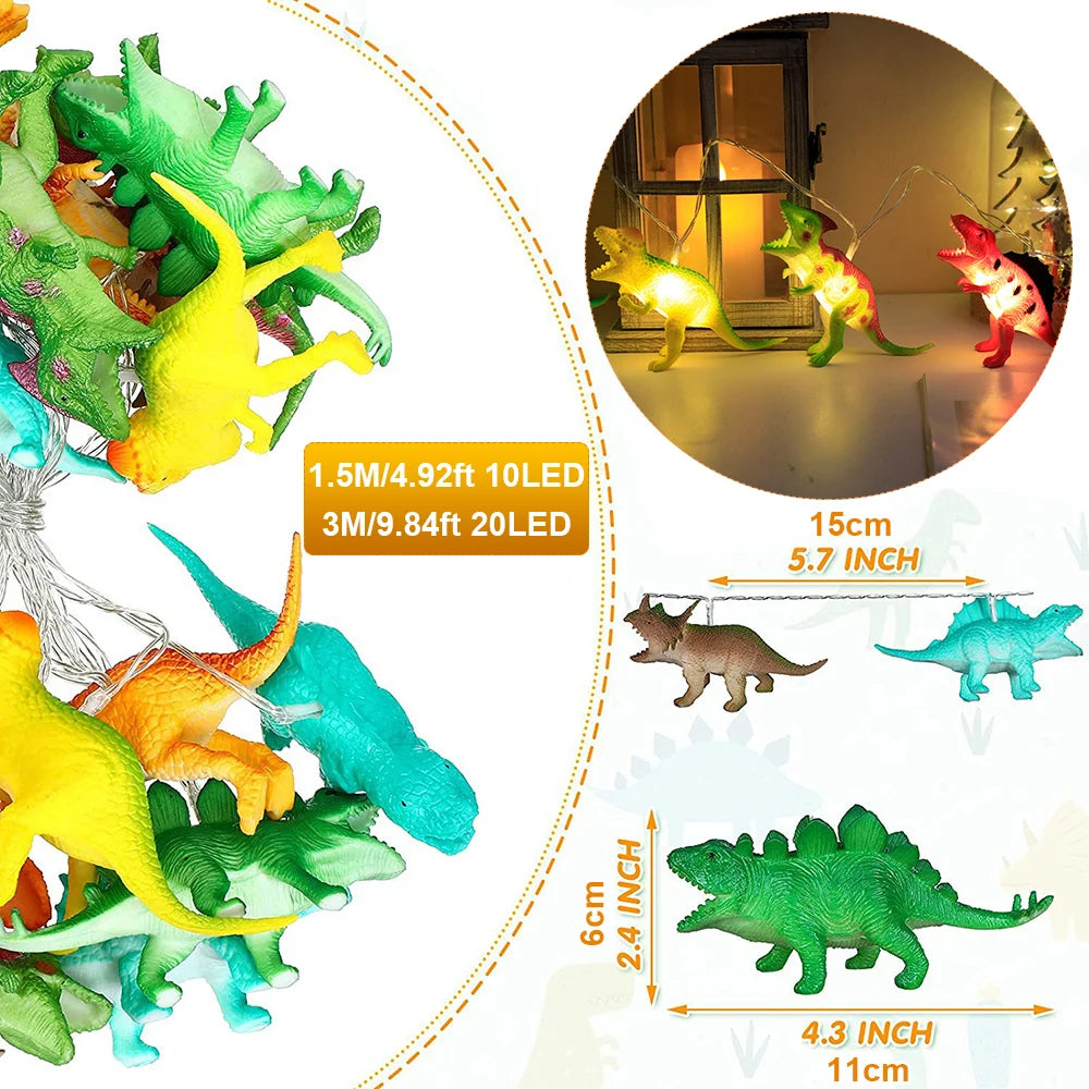 LED Dinosaur String Lights – Warm White Glow, 1.5m / 3m, Battery Operated & IP44 Rated