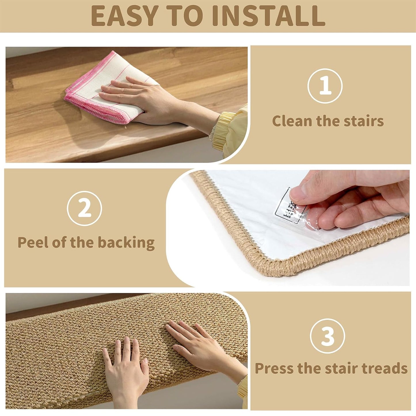 Non-Slip Carpet Stair Treads with Bullnose and Edge Protection – 14 Pack, Beige