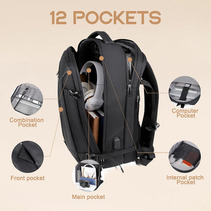 Expandable 40L Waterproof Travel Backpack with USB Port & 17" Laptop Compartment