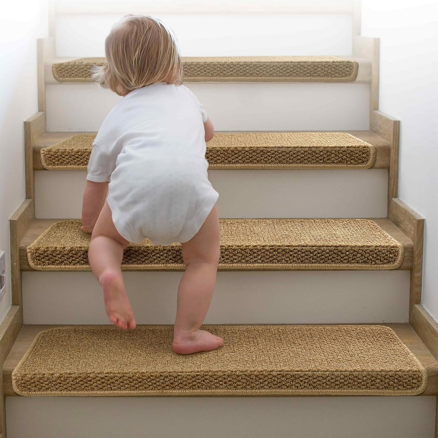Non-Slip Carpet Stair Treads with Bullnose and Edge Protection – 14 Pack, Beige