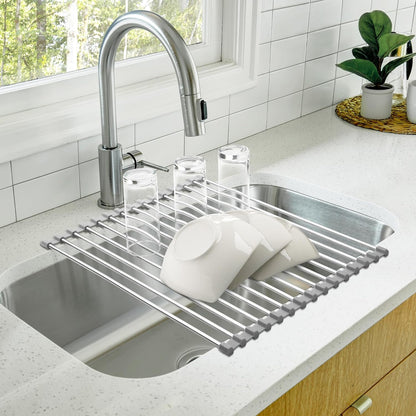 Heat-Resistant Roll-Up Dish Drying Mat with Folding Stainless Steel Rack