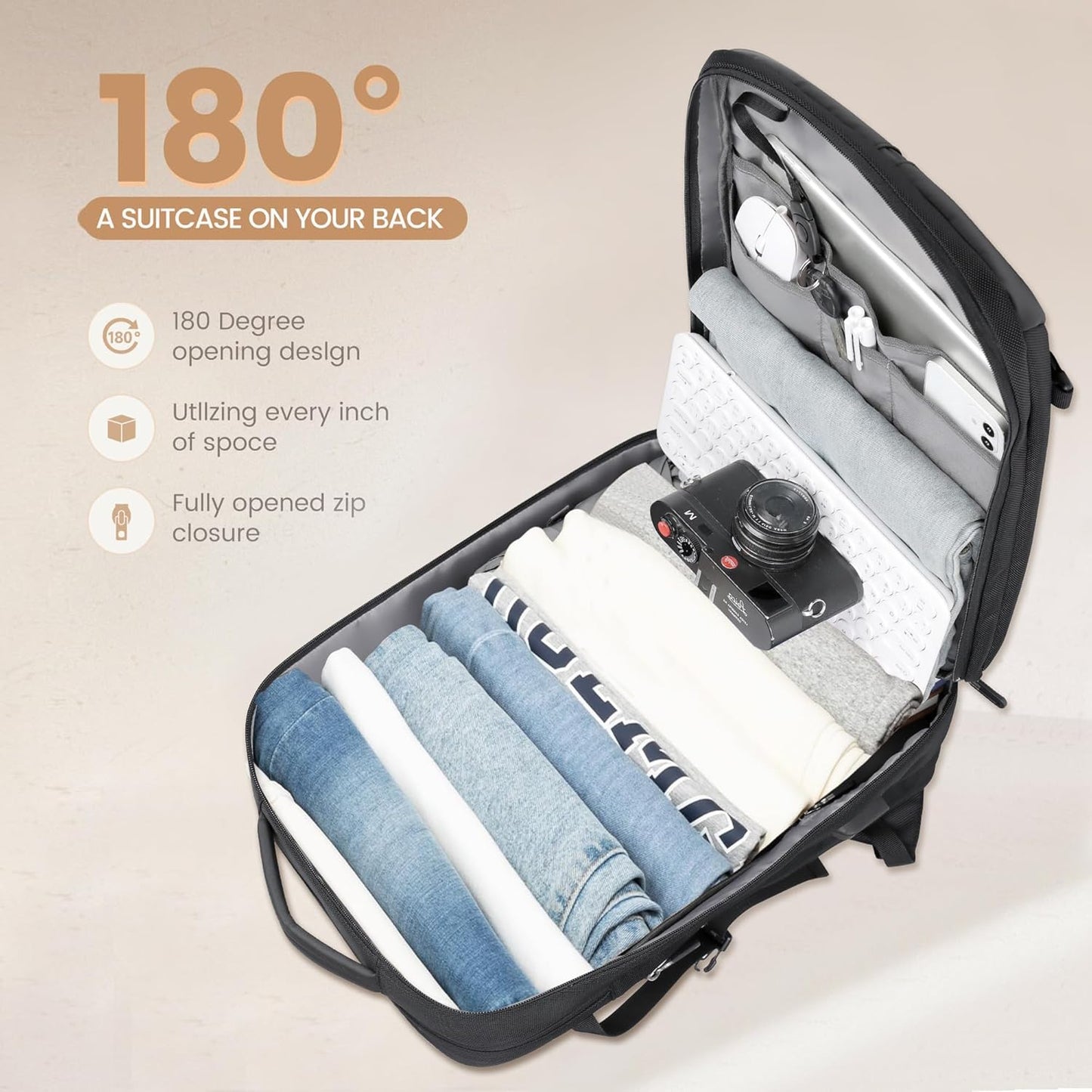 Expandable 40L Waterproof Travel Backpack with USB Port & 17" Laptop Compartment