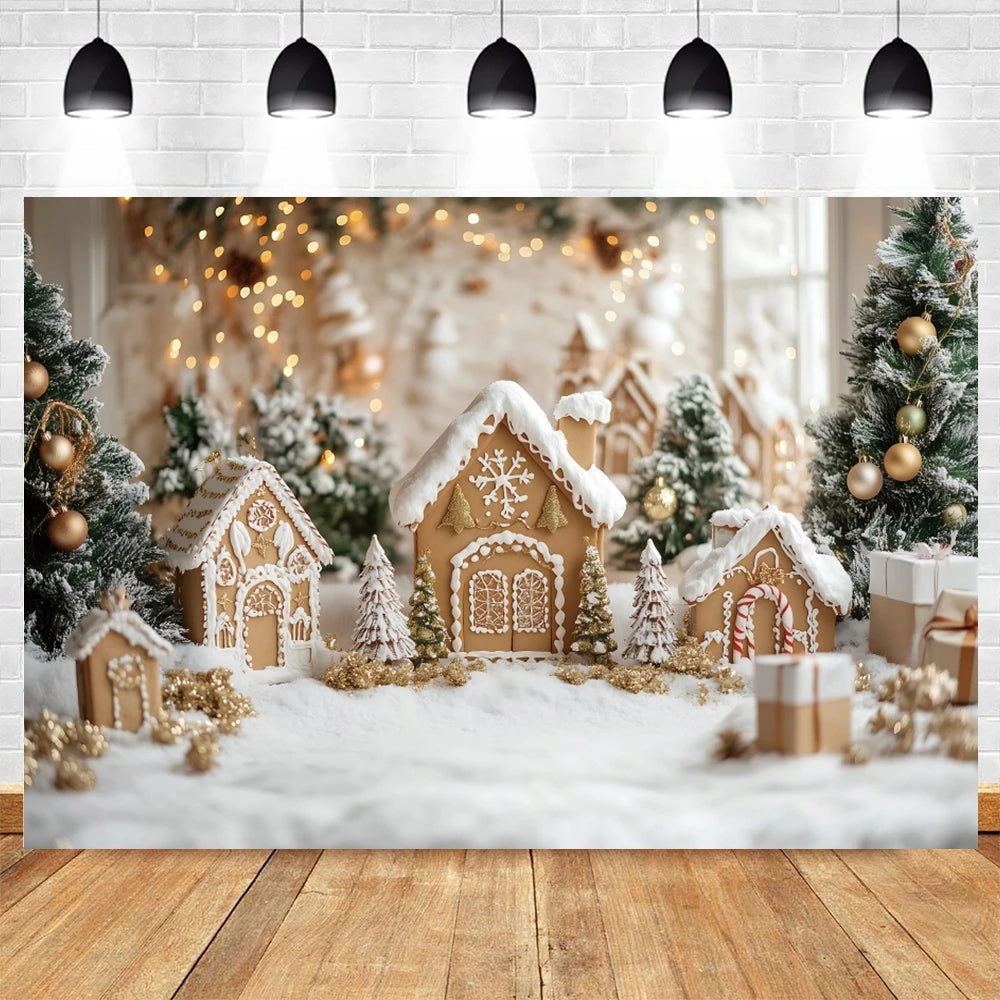 Christmas Photo Backdrop - Miniature House and Tree for Family & Kids Portraits - Vinyl/Polyester/Fleece - 300×200 cm
