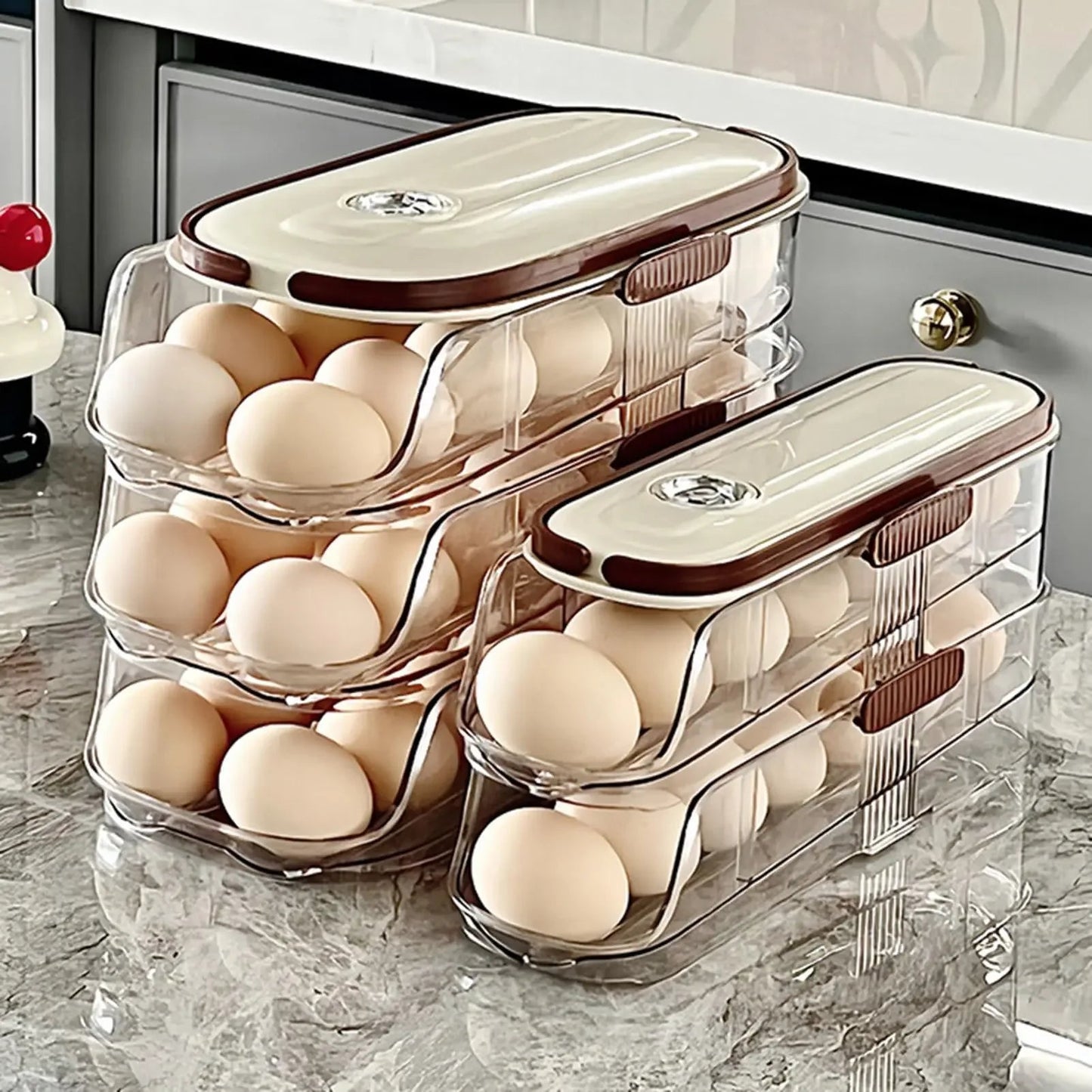 Rolling Refrigerator Egg Holder | Stackable Transparent Storage Box with Lid