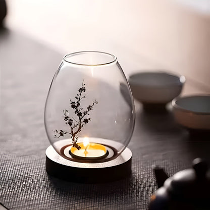 Elegant 2-Piece Glass Candle Holders with Wooden Base