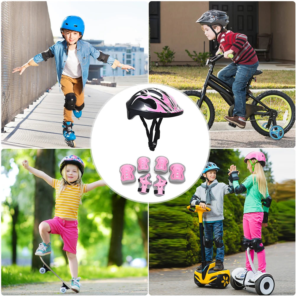 Children's Safety Helmet Set | 7-Piece Protection Gear with Knee, Elbow, and Wrist Pads | Adjustable Fit | Shock Absorbing | Great for Biking and Skating
