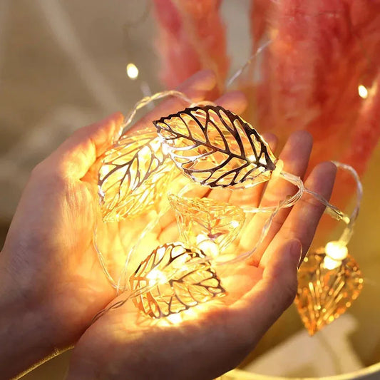 LED String Lights - 10 or 20 Bulbs - Warm White or Multicolor - Leaf Garland Design - Battery Operated & Waterproof - Perfect for Decorations, Weddings, and Parties