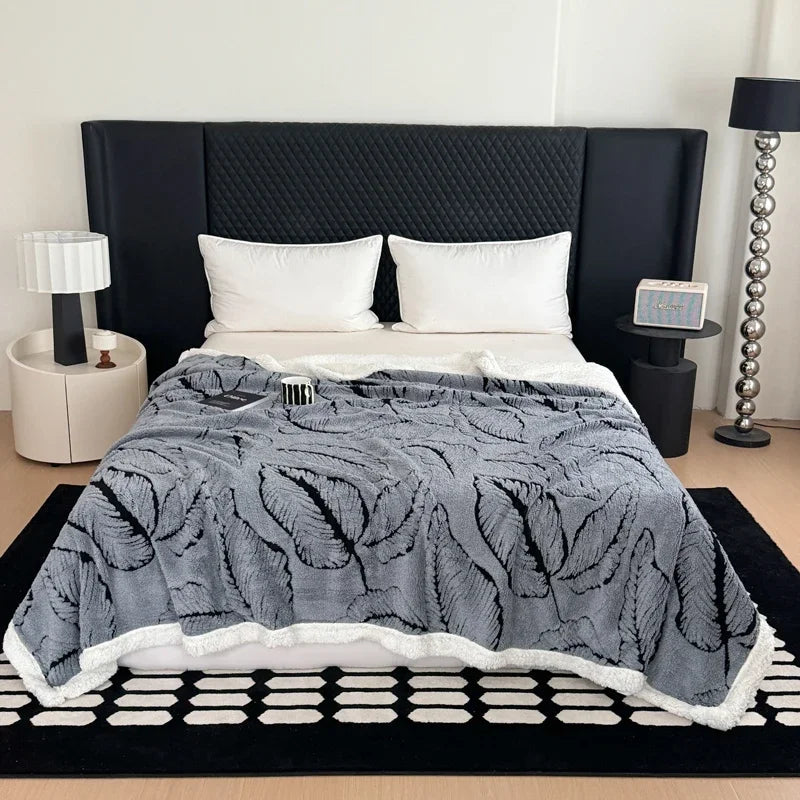 Cozy Lamb Fleece Blanket | Soft Velvet Throw with Gold Embossed Design | Stylish for Bed and Sofa