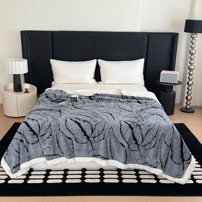 Cozy Lamb Fleece Blanket | Soft Velvet Throw with Gold Embossed Design | Stylish for Bed and Sofa