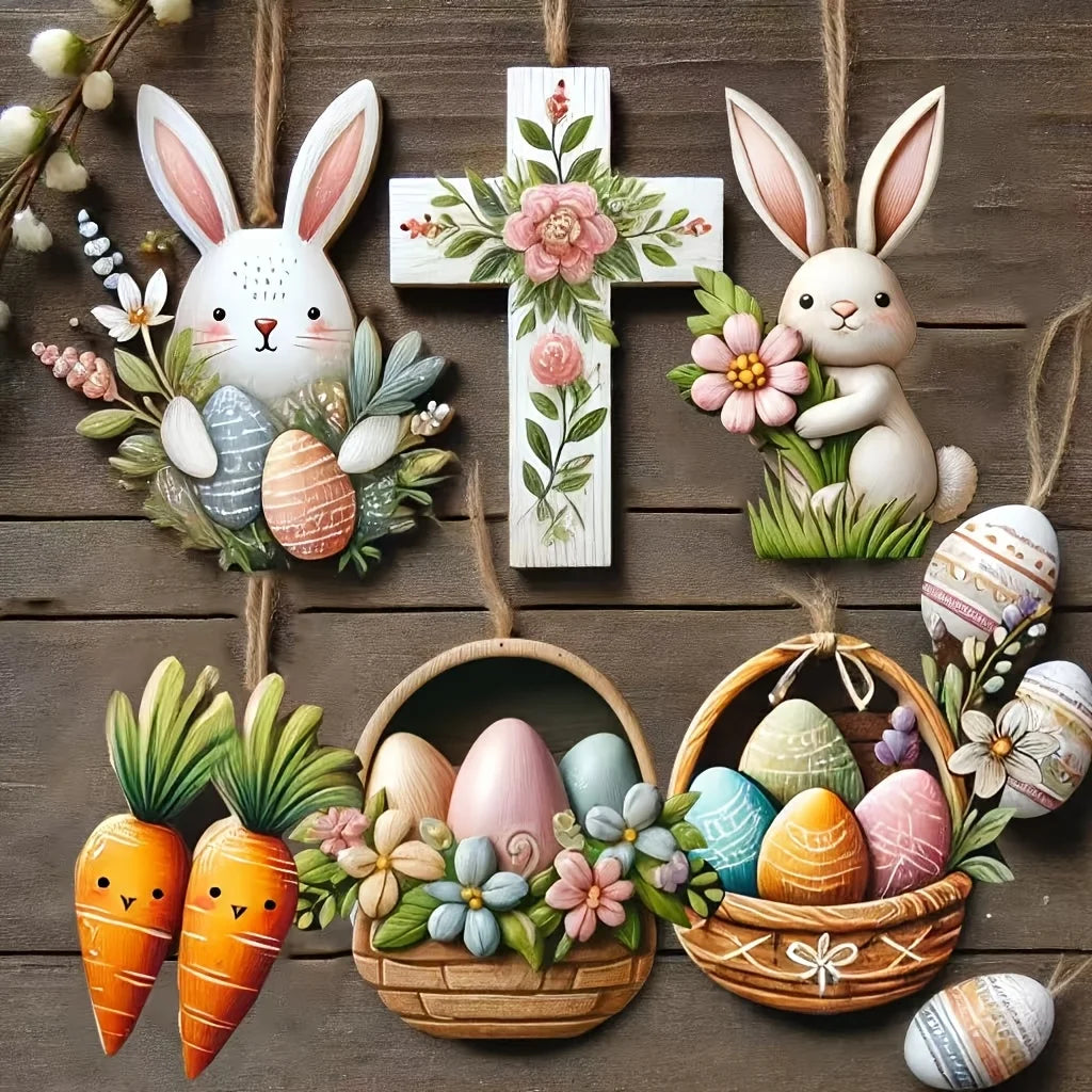 Spring Decoration Set - 12-Piece Wooden Hanging Ornaments with Bunny, Cross, Eggs, and Carrot Designs