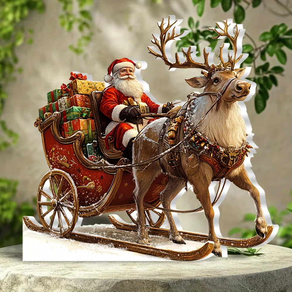Christmas Figurine - Acrylic Reindeer Sleigh Decoration with Santa - 2D Design - Festive Table and Party Ornament 2025