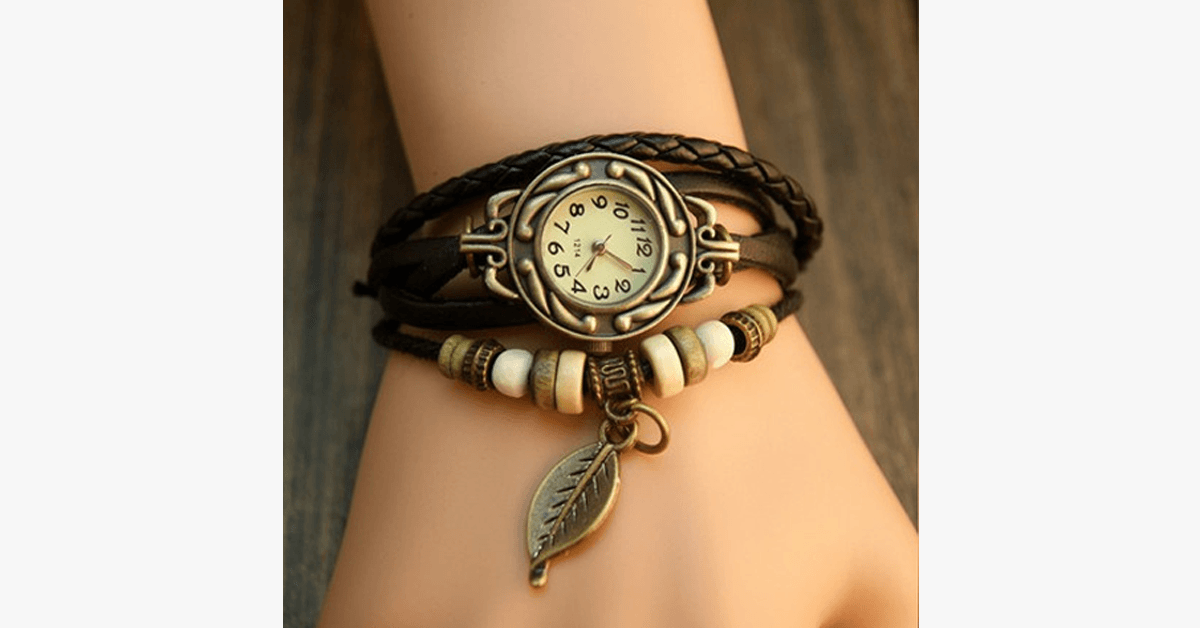 Vintage Leaf Design Watch in Boho-Chic Style
