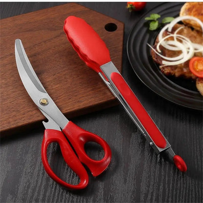 Stainless Steel BBQ Scissors and Food Clip Set | Kitchen & Grill Tools | Silicone Handle | 24×8.7 cm & 27×3.5 cm