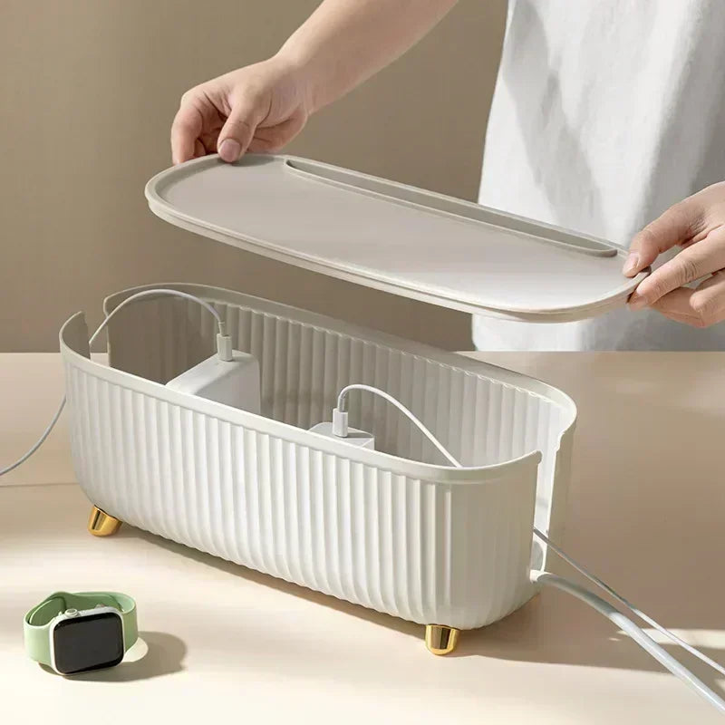 Cable Management Box with Lid - Storage for Sockets and Router - White Scandinavian Design
