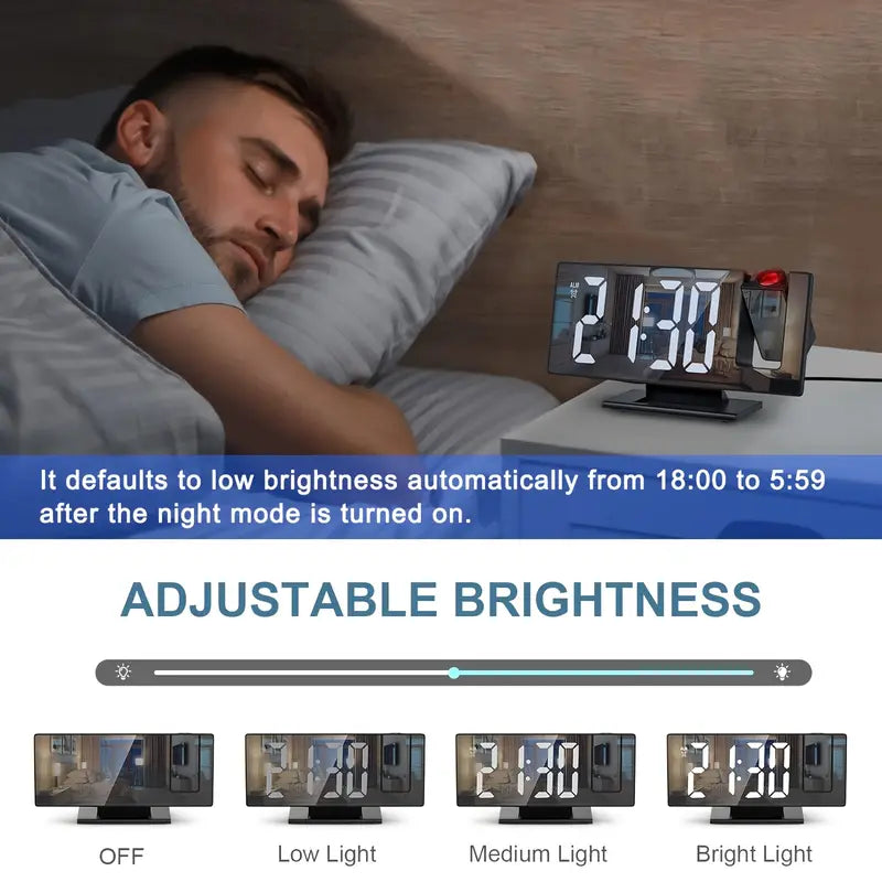 180° Adjustable LED Projection Clock – Snooze, 12/24H Time & Temp Display, Mirror Design – USB Powered, Night Mode & Memory Function