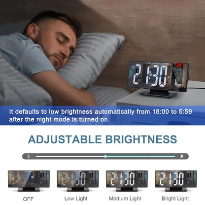 180° Adjustable LED Projection Clock – Snooze, 12/24H Time & Temp Display, Mirror Design – USB Powered, Night Mode & Memory Function