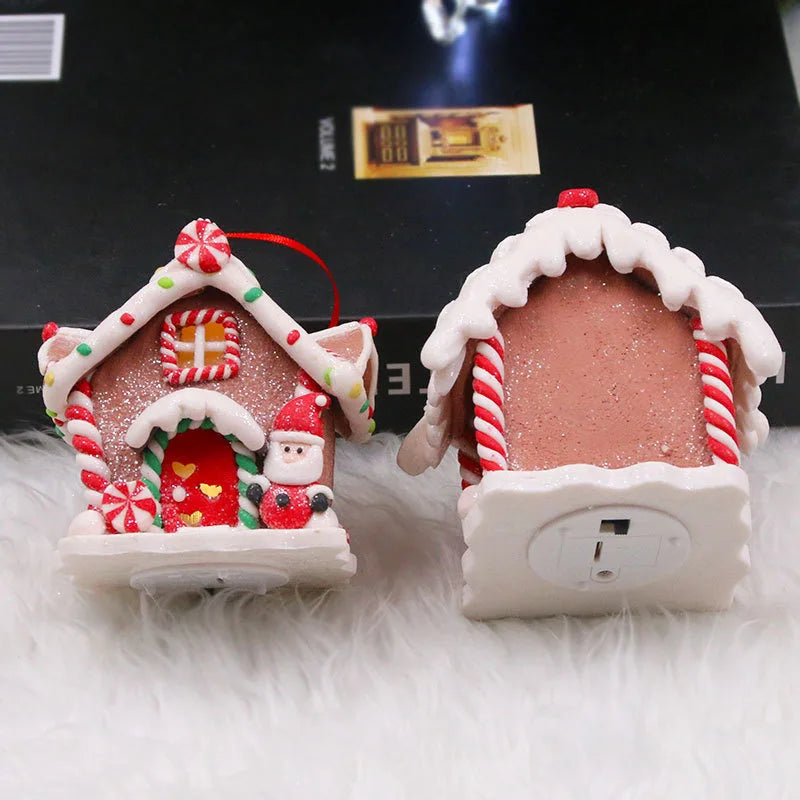 Handmade LED Gingerbread House Ornament – Illuminated Christmas Decor with Santa, Snowman, and Candy Canes