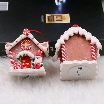 Handmade LED Gingerbread House Ornament – Illuminated Christmas Decor with Santa, Snowman, and Candy Canes