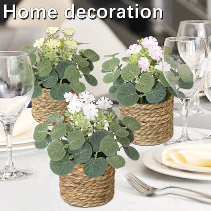 Mini Artificial Eucalyptus with Flowers | 11 cm | Includes Woven Basket | Easy-Care Indoor Decoration