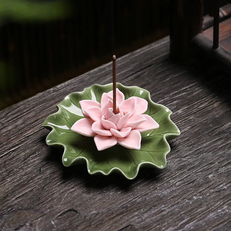 Handcrafted Ceramic Incense Stick Holder with Lotus Leaf Design – Aroma Diffuser
