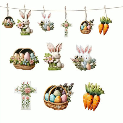 Spring Decoration Set - 12-Piece Wooden Hanging Ornaments with Bunny, Cross, Eggs, and Carrot Designs