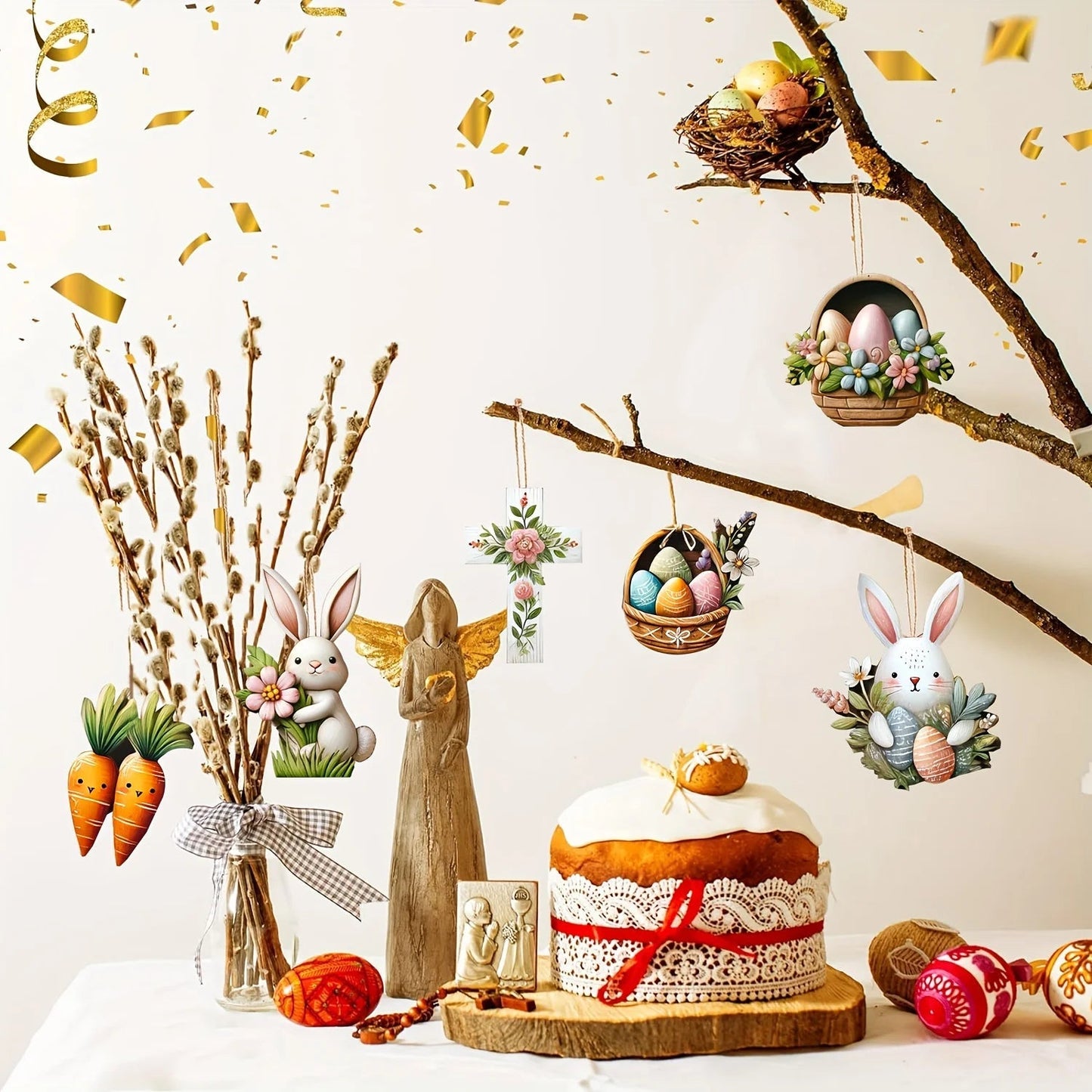 Spring Decoration Set - 12-Piece Wooden Hanging Ornaments with Bunny, Cross, Eggs, and Carrot Designs