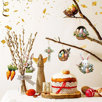 Spring Decoration Set - 12-Piece Wooden Hanging Ornaments with Bunny, Cross, Eggs, and Carrot Designs