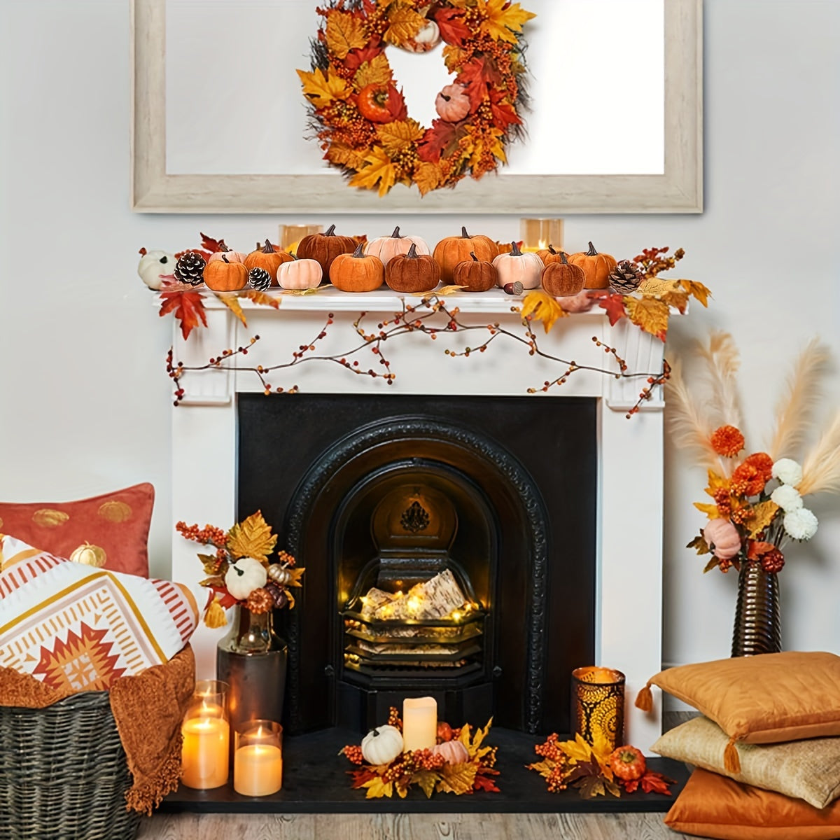 Autumn Pumpkin Decoration Set – 12 Velvet Finish Artificial Pumpkins