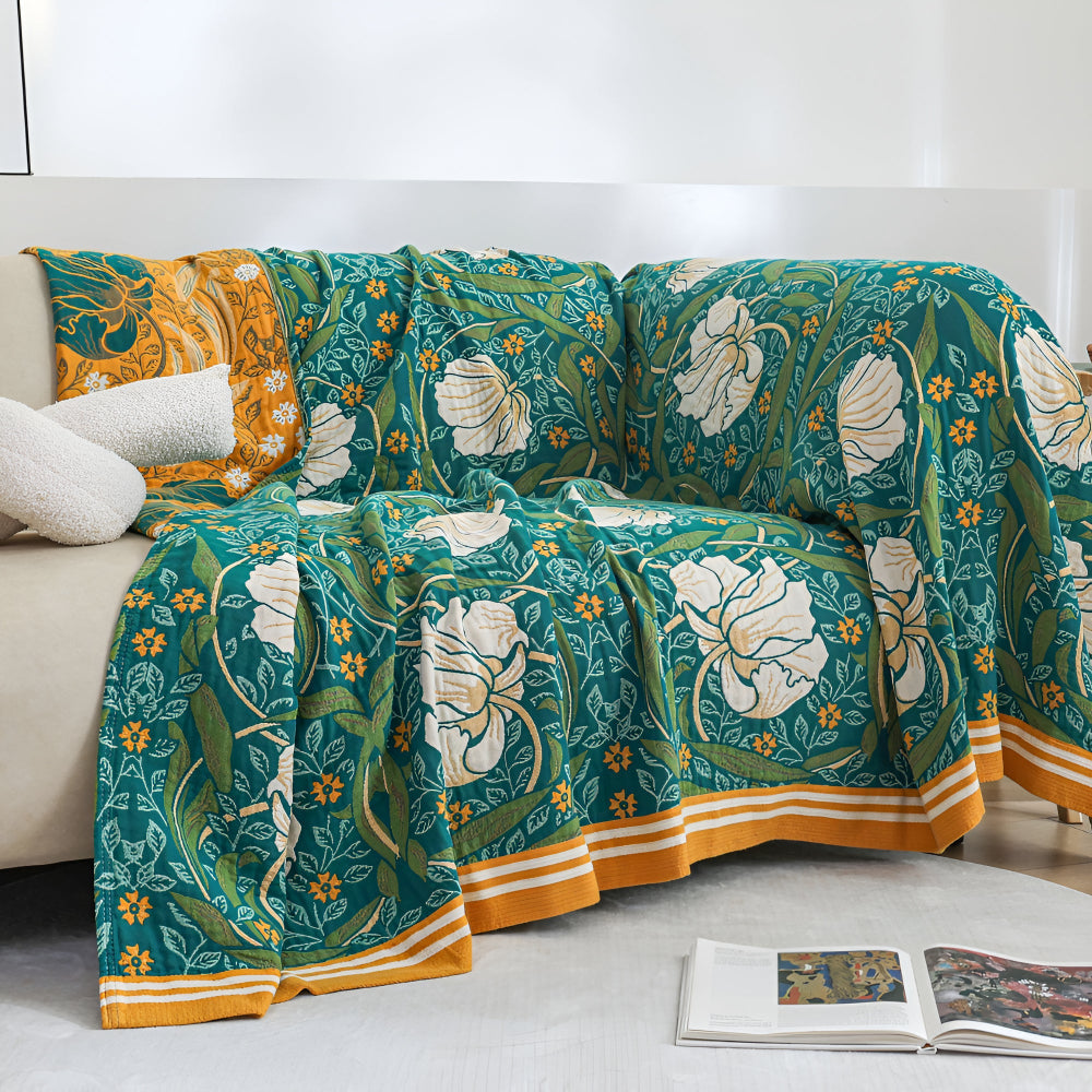Serenity Green Floral Cotton Throw Blanket