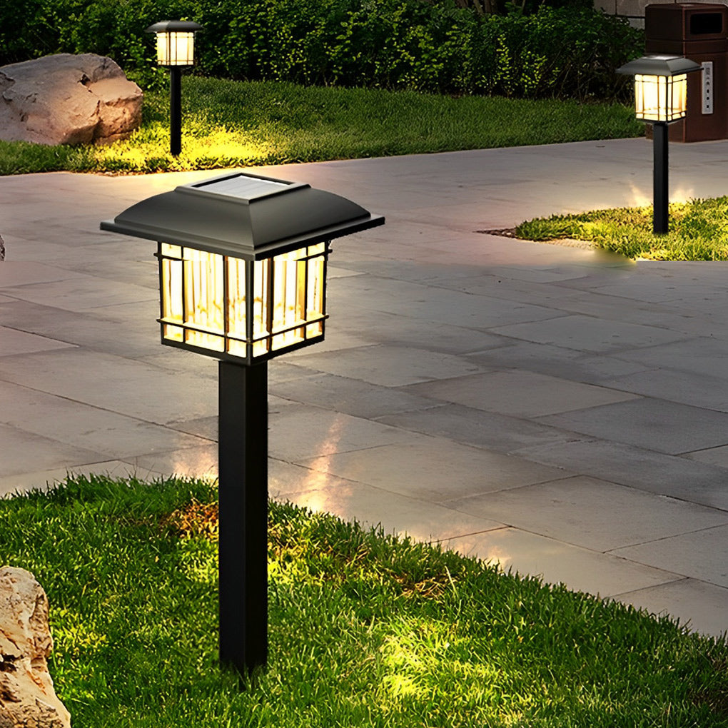 Set of 2 Black Waterproof LED Solar Lawn Lights in Vintage Square Design